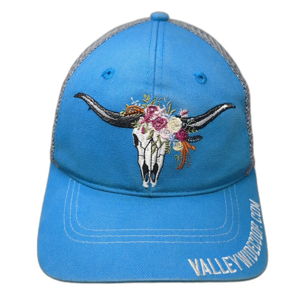Vie Trucker Hat Blue Gray White One Size Mesh Floral Longhorn Skull Embroidery